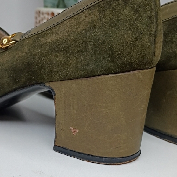 Vintage Gucci Olive Green Suede Block Kitten Heel Loafers Size 37 6.5 Vintage - Picture 6 of 13